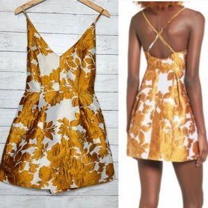 Glamorous x ASOS Gold Floral Jacquard Mini Dress Cross Back Size M